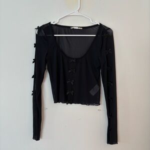 kimchi blue black sheer mesh long sleeve bow detailed stretchy crop blouse top🖤